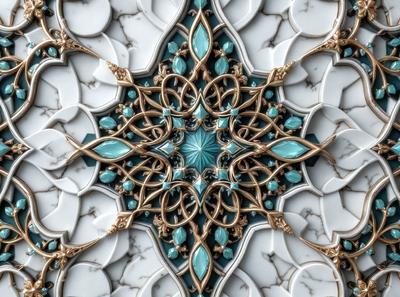 The primary subject of the image is a beautifully designed tile with a blue and gold color scheme. The tile features a pattern of blue and green gems, giving it a unique and eye-catching appearance. The setting is a white marble surface, which serves as the background for the tile. The visual style of the image is a close-up of the tile, highlighting its intricate design and vibrant colors. The overall atmosphere of the image is elegant and sophisticated, thanks to the combination of the blue and