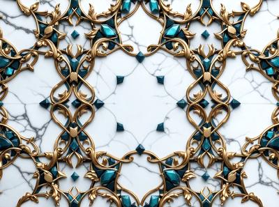 The primary subject of the image is a decorative design featuring a gold and blue color scheme. The design is set against a white marble background, giving it a clean and elegant appearance. The visual style of the image is a combination of digital art and illustration, creating a unique and intricate pattern. The colors and mood of the image are predominantly gold and blue, evoking a sense of luxury and sophistication.