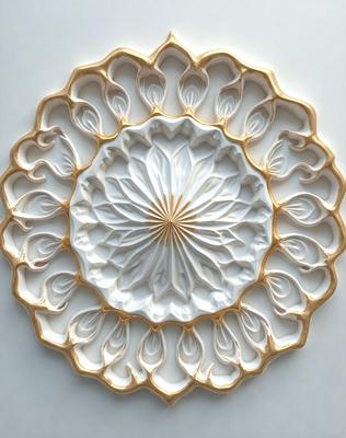 The primary subject of the image is a white, gold, and brown plate with a flower design. The plate is placed on a white surface, which serves as the background. The visual style of the image is a combination of photo and digital art, creating a unique and intricate design. The colors and mood of the image are warm and inviting, with the gold and brown tones adding a touch of elegance to the overall design.