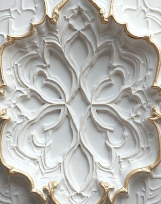 The primary subject of the image is a white, ornate, and intricately designed ceramic piece. The setting is a white background, which highlights the beauty of the design. The visual style is a combination of photo and digital art, creating a realistic yet artistic representation of the ceramic piece. The colors and mood of the image are predominantly white, giving it a clean and elegant appearance.