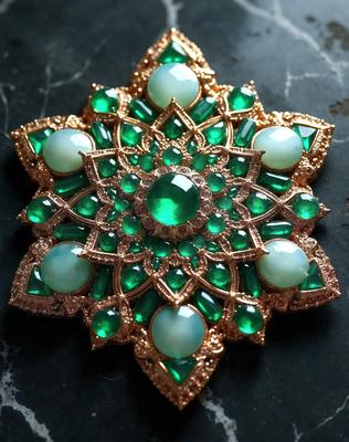 The primary subject of the image is a green and gold decorative piece, possibly a jewelry item or a piece of art. The setting is a black surface, which provides a contrasting background for the decorative piece. The visual style appears to be a combination of digital art and illustration, as the piece has a detailed and intricate design. The dominant colors in the image are green and gold, creating a sense of elegance and sophistication.