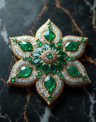 The primary subject of the image is a decorative piece featuring a green flower with green and white beads. The setting is a black marble surface, and the visual style appears to be a close-up of the decorative piece. The colors and mood of the image are predominantly green and white, giving it a clean and elegant appearance.