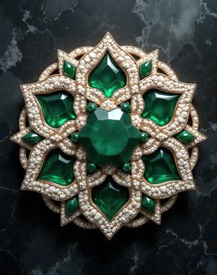 The primary subject of the image is a decorative piece featuring a green gemstone in the center. The setting is a dark background, which contrasts with the bright green color of the gemstone. The visual style appears to be a combination of digital art and illustration, creating a unique and eye-catching design. The overall atmosphere of the image is elegant and sophisticated, with the green gemstone serving as the focal point of the piece.
