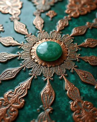 The primary subject of the image is a green jade stone, which is the centerpiece of the scene. The setting is a decorative piece, possibly a table or a wall, with a green background. The visual style is a combination of digital art and illustration, creating a unique and intricate design. The colors and mood of the image are predominantly green, giving it a serene and natural atmosphere.