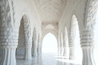 The image features a large, white, ornate building with a high ceiling and a beautiful arched entrance. The building has a marble-like appearance, giving it a luxurious and elegant feel. The archway is adorned with intricate carvings, adding to the architectural beauty of the space. The overall atmosphere of the image is one of grandeur and sophistication.