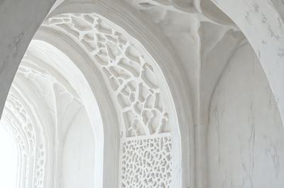 The primary subject of the image is a white archway with intricate carvings. The setting is a white room with a white archway, which creates a clean and minimalistic atmosphere. The visual style is a combination of digital art and illustration, as the carvings are detailed and the overall composition is artistic. The colors and mood are predominantly white, giving the scene a serene and peaceful ambiance.