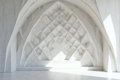 The primary subject of the image is a white marble archway with a patterned design. The setting is a white marble room, which gives the space a clean and elegant appearance. The visual style of the image is a combination of photo and digital art, creating a unique and intricate pattern on the marble surface. The colors and mood of the image are predominantly white, giving it a serene and timeless atmosphere.