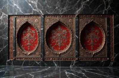 The image features a decorative piece made of wood, with three red designs on it. The piece is placed on a black marble surface, which adds a contrasting element to the scene. The overall atmosphere of the image is elegant and sophisticated, with the red designs and the marble surface creating a visually appealing and luxurious setting.