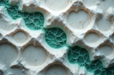 The primary subject of the image is a close-up of a white and green rock, possibly a piece of coral. The rock is surrounded by a white and green pattern, which adds to the visual interest of the scene. The setting appears to be a natural environment, with the rock being the main focus of the image. The visual style of the image is a close-up, which emphasizes the intricate details of the rock and its surrounding pattern. The colors and mood of the image are predominantly white and green, creating