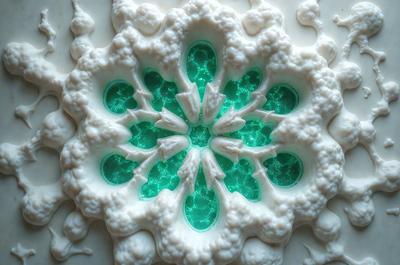 The primary subject of the image is a white, green, and blue decorative piece, possibly a sculpture or a piece of art. The setting is a white background, which highlights the colors and details of the decorative piece. The visual style appears to be a combination of digital art and illustration, as the piece has a unique and intricate design. The dominant colors are white, green, and blue, creating a serene and calming atmosphere.