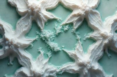 The primary subject of the image is a close-up of a green and white patterned surface, which appears to be a piece of art or a decorative item. The setting is a room with a white background, and the visual style is a combination of digital art and illustration. The colors and mood of the image are predominantly green and white, creating a calm and serene atmosphere.