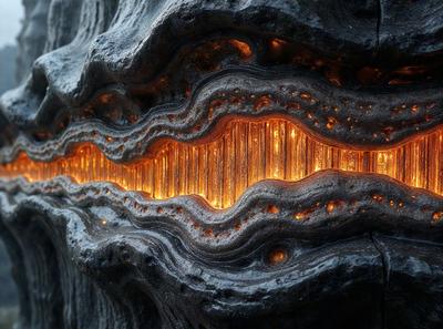 The primary subject of the image is a large, intricately carved tree trunk. The setting is a natural environment, with the tree trunk being the main focus of the scene. The visual style is a combination of photo and digital art, creating a unique and captivating image. The colors and mood of the image are predominantly dark, with the carved tree trunk being the main source of light and interest.
