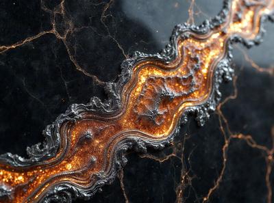 The primary subject of the image is a piece of artwork, possibly a sculpture or a painting, featuring a design with a combination of orange and black colors. The setting is a black surface, which could be a wall or a table, and the visual style appears to be a mix of digital art and traditional painting techniques. The colors and mood of the artwork are vibrant and bold, creating a striking and eye-catching piece.