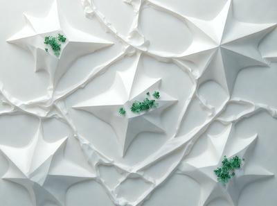 The primary subject of the image is a white wall with a pattern of green leaves. The setting is a white room, and the visual style appears to be a digital art or illustration. The dominant colors are white and green, creating a clean and fresh atmosphere.