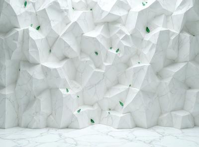 The primary subject of the image is a white marble wall with a pattern of green and white tiles. The setting is a white room with a large white wall. The visual style is a combination of a photo and digital art, creating a unique and intricate design. The dominant colors are white and green, giving the wall a clean and fresh appearance.