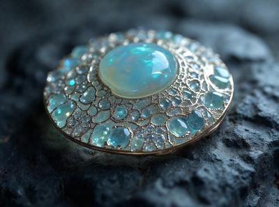 The primary subject of the image is a decorative piece featuring a blue stone in the center, surrounded by a gold frame. The setting is a black surface, which provides a contrasting backdrop for the piece. The visual style appears to be a combination of digital art and illustration, as the piece is intricately designed and features a mix of colors. The dominant colors are blue and gold, creating a sense of elegance and sophistication.