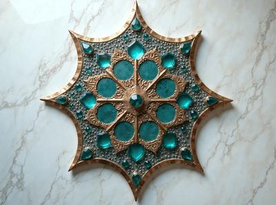 The primary subject of the image is a decorative piece featuring a green and blue design. The setting is a marble surface, and the visual style appears to be a combination of digital art and illustration. The colors and mood of the image are predominantly green and blue, creating a serene and calming atmosphere.