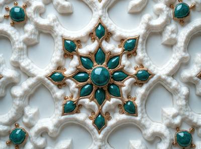 The primary subject of the image is a decorative design featuring a gold sun with green jade stones. The setting is a white background, and the visual style appears to be a combination of digital art and illustration. The dominant colors are white and green, creating a serene and elegant atmosphere.