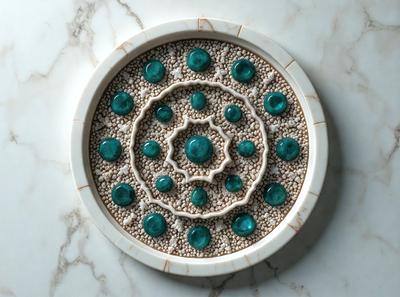 The primary subject of the image is a white plate with a blue design on it. The plate is placed on a marble surface, which serves as the setting and background of the image. The visual style of the image is a combination of photo and digital art, creating a unique and eye-catching design. The dominant colors in the image are blue and white, giving the plate a modern and sophisticated appearance.