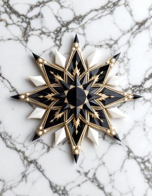 The primary subject of the image is a decorative star-shaped ornament, which is made of black and white materials. The ornament is placed on a marble surface, which serves as the setting and background of the image. The visual style of the image is a close-up, showcasing the intricate details of the star. The colors and mood of the image are predominantly black and white, giving it a classic and elegant appearance.