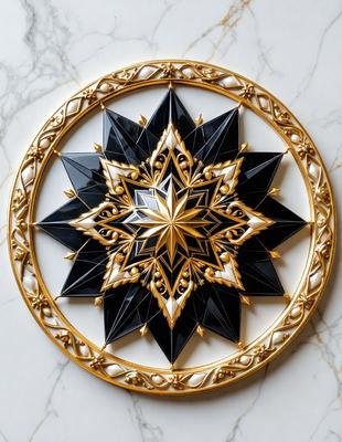 The primary subject of the image is a decorative piece featuring a gold and black star design. The setting is a white marble surface, which serves as the background for the artwork. The visual style of the image is a combination of digital art and illustration, creating a unique and intricate pattern. The colors in the image are predominantly gold and black, giving the piece a sophisticated and elegant appearance.