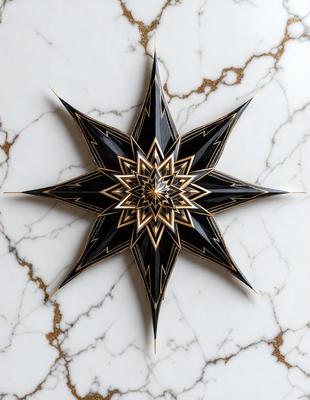 The primary subject of the image is a decorative star-shaped piece of art, likely made of wood or a similar material. The setting is a marble table, which serves as the backdrop for the artwork. The visual style appears to be a combination of photo and digital art, as the star shape is intricately detailed and the overall composition is well-executed. The colors and mood of the image are predominantly black and gold, giving the artwork a sophisticated and elegant appearance.