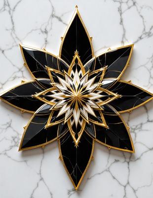 The primary subject of the image is a decorative piece featuring a black and gold flower design. The setting is a white marble surface, which provides a clean and elegant backdrop for the artwork. The visual style of the image is a combination of digital art and illustration, creating a unique and eye-catching design. The dominant colors in the image are black and gold, giving the piece a sophisticated and luxurious appearance.