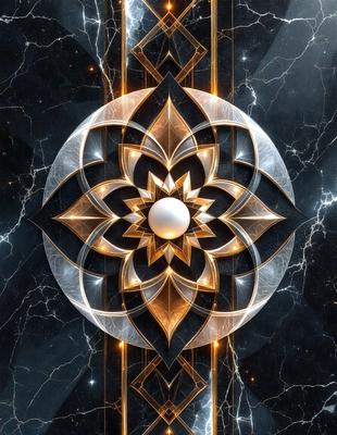 The primary subject of the image is a large, intricate, and colorful flower design. The setting is a black and gold background, which adds to the visual style. The flower design is a digital art piece, showcasing a unique and artistic approach to the subject. The dominant colors in the image are gold and black, creating a striking and elegant atmosphere.