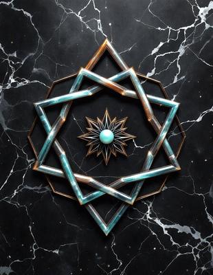 The primary subject of the image is a decorative piece featuring a blue and gold star with a green center. The setting is a black marble surface, which serves as the background. The visual style is a combination of digital art and illustration, creating a unique and eye-catching design. The dominant colors in the image are blue, gold, and green, giving the piece a vibrant and lively appearance.