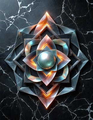 The primary subject of the image is a geometric, colorful design, possibly a sculpture or a digital art piece. The design features a combination of blue, orange, and green colors, creating a visually striking and vibrant appearance. The setting or background of the image is a black marble surface, which contrasts with the bright colors of the design. The visual style of the image is a mix of digital art and illustration, showcasing the intricate details and patterns of the geometric design. The overall atmosphere of the image
