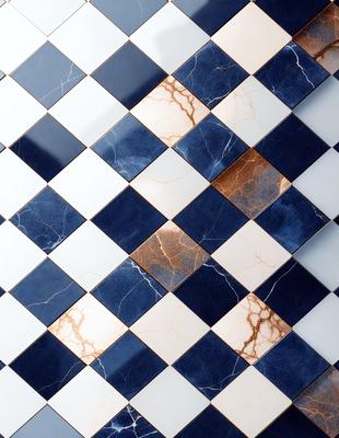 The primary subject of the image is a blue and white checkered tile wall. The setting is a room with a checkered tile pattern on the wall. The visual style is a close-up of the tile pattern, showcasing the intricate design. The dominant colors are blue and white, creating a clean and classic atmosphere.