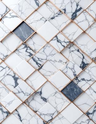 The primary subject of the image is a white marble tile with a black and white pattern. The setting is a bathroom, as indicated by the presence of a marble wall. The visual style is a close-up of the tile, showcasing its intricate design. The colors and mood of the image are predominantly black and white, giving it a classic and elegant appearance.