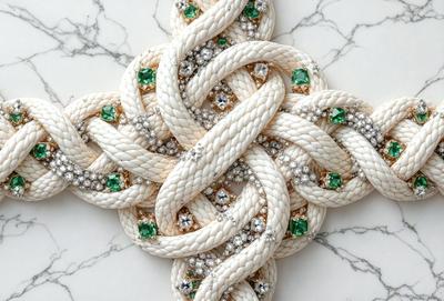 The primary subject of the image is a white rope with green beads and white beads. The rope is twisted and intertwined, creating a unique and intricate design. The setting is a marble surface, which adds to the elegance and sophistication of the piece. The visual style is a close-up of the rope, allowing the viewer to appreciate the details of the beads and the twisted pattern. The colors and mood of the image are predominantly white and green, giving
