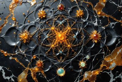The primary subject of the image is a large, intricate, and colorful design, possibly a mandala or a pattern, with a central point. The setting is a black background, which contrasts with the vibrant colors of the design. The visual style appears to be a combination of digital art and illustration, creating a unique and eye-catching pattern. The colors and mood of the image are lively and energetic, with a focus on the central point of the design.