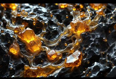 The primary subject of the image is a close-up of a black surface with a pattern of yellow and orange crystals. The setting appears to be a dark background, possibly a black table or a dark room. The visual style of the image is a combination of a photo and digital art, as it captures the intricate details of the crystals and their arrangement on the black surface. The colors and mood of the image are predominantly dark and moody, with the vibrant yellow and orange crystals providing
