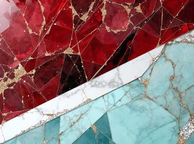 The primary subject of the image is a marble tile with a gold pattern. The setting is a wall with a red and white marble tile on one side and a blue and white marble tile on the other side. The visual style is a close-up of the marble tiles, showcasing their intricate patterns and colors. The dominant colors are red, white, blue, and gold, creating a luxurious and elegant atmosphere.