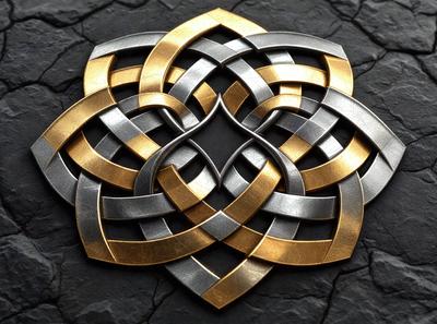 The primary subject of the image is a gold and silver metal piece, which appears to be a decorative or artistic piece. The setting is a black surface, possibly a stone or a wall, which provides a contrasting background for the metal piece. The visual style of the image is a close-up, focusing on the intricate details of the metal piece. The colors in the image are predominantly black and gold, giving the piece a luxurious and elegant appearance.