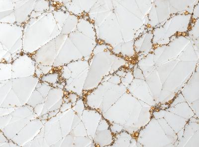 The primary subject of the image is a white marble wall with a gold-colored pattern. The setting is a room with a white marble floor. The visual style is a close-up of the marble wall, showcasing the intricate gold pattern. The colors and mood of the image are predominantly white and gold, creating a luxurious and elegant atmosphere.