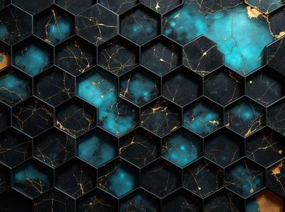 The primary subject of the image is a close-up of a blue and black patterned surface, which appears to be a wall or a piece of art. The setting is a black and blue patterned surface, which gives the image a unique and artistic visual style. The colors and mood of the image are predominantly blue and black, creating a striking and visually appealing scene.
