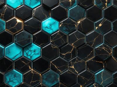 The primary subject of the image is a blue and black patterned wallpaper with a mosaic design. The setting is a wall, and the visual style is a close-up of the pattern. The dominant colors are blue and black, creating a bold and striking appearance.