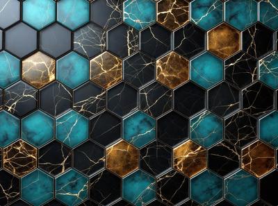The primary subject of the image is a blue and black patterned tile. The setting is a black and white background, which contrasts with the blue and black tiles. The visual style is a close-up of the tiles, showcasing their intricate design. The colors and mood of the image are predominantly black and blue, creating a bold and striking appearance.