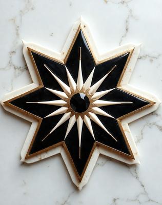 The primary subject of the image is a decorative star made of black and white marble. The star is placed on a white marble surface, which serves as the setting or background. The visual style of the image is a combination of photo and digital art, as it appears to be a close-up of the star, with a clear focus on its details. The colors and mood of the image are predominantly black and white, giving it a classic and elegant appearance.
