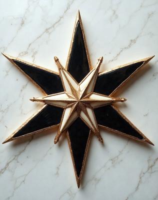 The primary subject of the image is a decorative star made of black and gold materials. The star is placed on a white marble surface, which serves as the setting and background of the image. The visual style of the image is a combination of photo and digital art, creating a unique and eye-catching design. The colors and mood of the image are predominantly black and gold, giving it a sophisticated and elegant appearance.