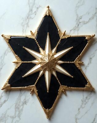 The primary subject of the image is a gold and black star. The setting is a marble surface, and the visual style appears to be a combination of photo and digital art. The colors in the image are predominantly gold and black, creating a bold and striking appearance.