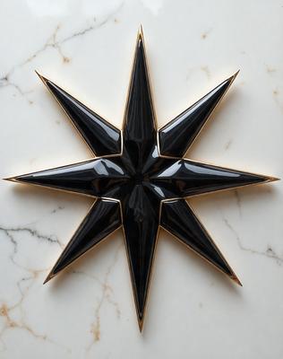 The primary subject of the image is a black star-shaped decoration. The setting is a marble surface, which serves as the backdrop for the decoration. The visual style of the image is a close-up, showcasing the intricate details of the star. The colors and mood of the image are predominantly black, giving it a sleek and modern appearance.