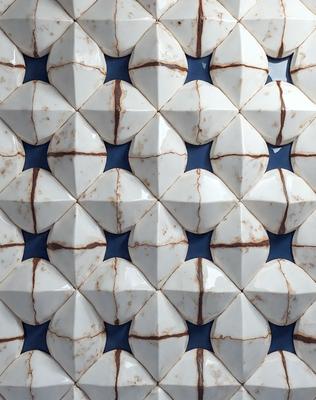 The primary subject of the image is a large, intricate, and colorful marble wall. The wall is covered with a pattern of white and brown marble tiles, creating a visually appealing and unique design. The setting is a room with a blue background, which further enhances the beauty of the marble wall. The visual style of the image is a combination of photo and digital art, showcasing the marble tiles' intricate details and patterns. The colors and mood of the image are warm and inv
