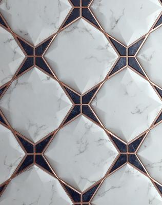 The primary subject of the image is a marble tile with a geometric pattern. The setting is a bathroom, and the visual style is a photo. The dominant colors are white and blue, creating a clean and modern atmosphere.