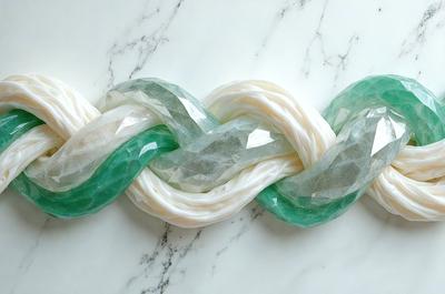 The primary subject of the image is a white and green striped rope. The rope is woven and appears to be made of yarn. The setting is a marble surface, which serves as the background for the rope. The visual style of the image is a close-up of the rope, showcasing its texture and details. The colors and mood of the image are predominantly white and green, giving it a clean and fresh appearance.