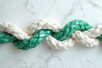 The image features a white and green rope, possibly a twisted rope, placed on a marble surface. The rope appears to be made of yarn, and it is wound in a spiral pattern. The combination of white and green colors gives the rope a unique and eye-catching appearance. The marble surface adds a sense of elegance and sophistication to the scene.