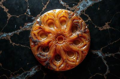 The primary subject of the image is a round, decorative piece of artwork, possibly a vase or a plate, made of glass or ceramic. The piece features a flower design, with a central hole in the center. The setting is a dark background, which highlights the artwork and its intricate details. The visual style of the image is a close-up, showcasing the artwork's texture and craftsmanship. The colors and mood of the image are warm and inviting, with the